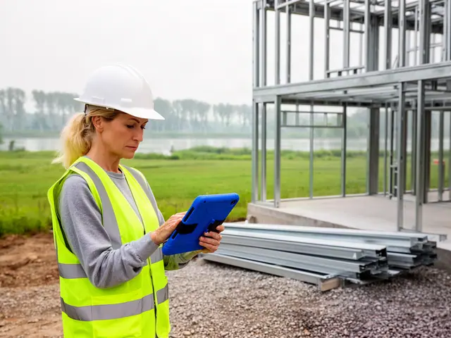 Builder in a white hard hat and yellow vest checking a blue rugged tablet beside a steel-framed building near a river