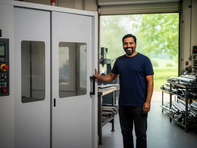 Smiling bearded man in a navy t-shirt beside a white enclosed machining center in a small workshop