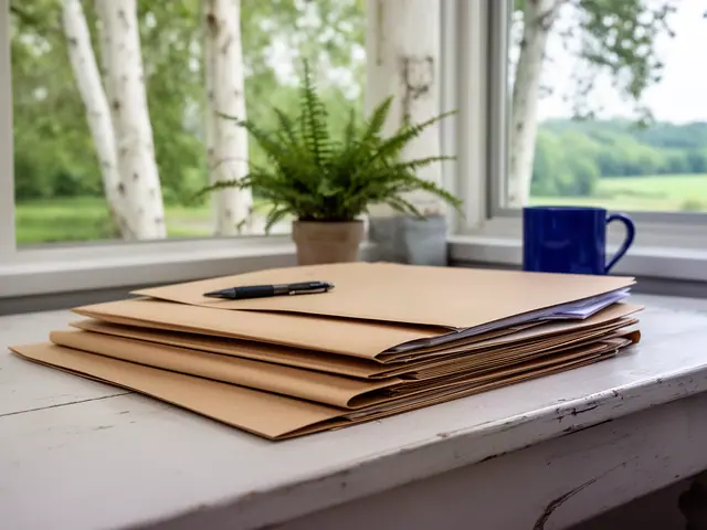 Stack of kraft folders with a pen on a white painted desk by a window over birch-like trees and fields