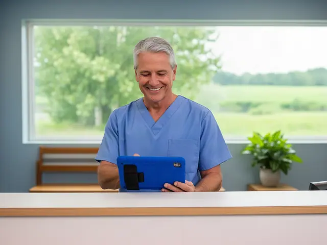 Smiling grey-haired man in blue scrubs at a clinic front desk holding a blue rugged tablet