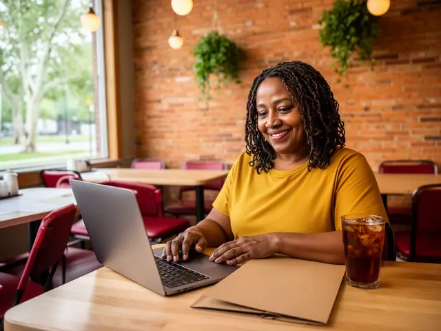 Smiling woman in a mustard t-shirt typing on a laptop at a table in a brick-walled diner