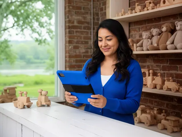 Smiling woman in a cobalt cardigan reviewing a blue rugged tablet in a toy shop with wooden toys