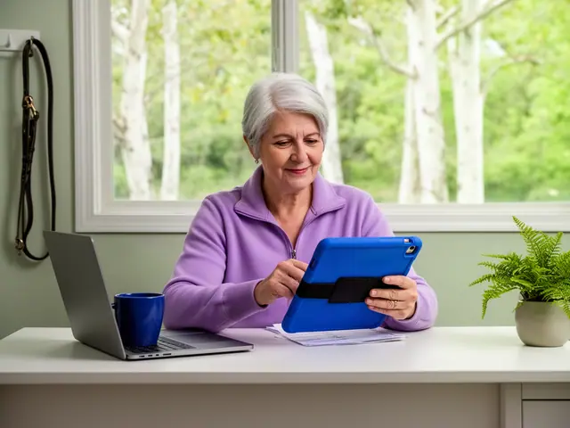 Grey-haired woman in a lilac fleece using a blue rugged tablet at a desk with a laptop and blue mug