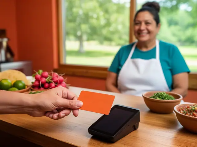 Customer's hand holding an orange card above a black card terminal at a taqueria counter, owner smiling behind